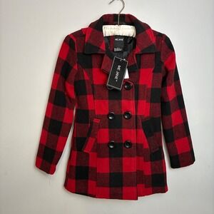 NWT Girls Red Black Buffalo Plaid Peacoat Jacket Size 10/12 Cabincore Classic